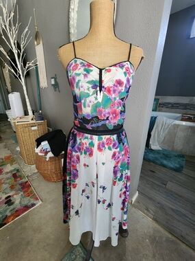 Floral Sweetheart Midi Dress with Black Trim - Pink & Purple Floral